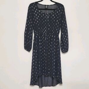 Bobeau Navy Gold Metallic Print A-Line Dress Medium Long Sleeve Boho Holiday